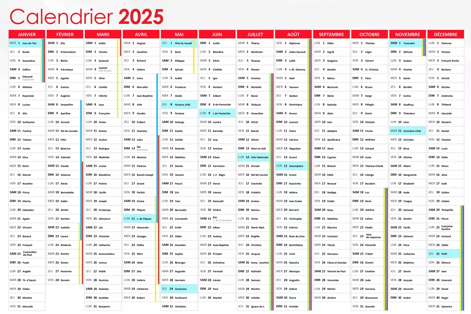 Calendrier 2025 avec jours fériés